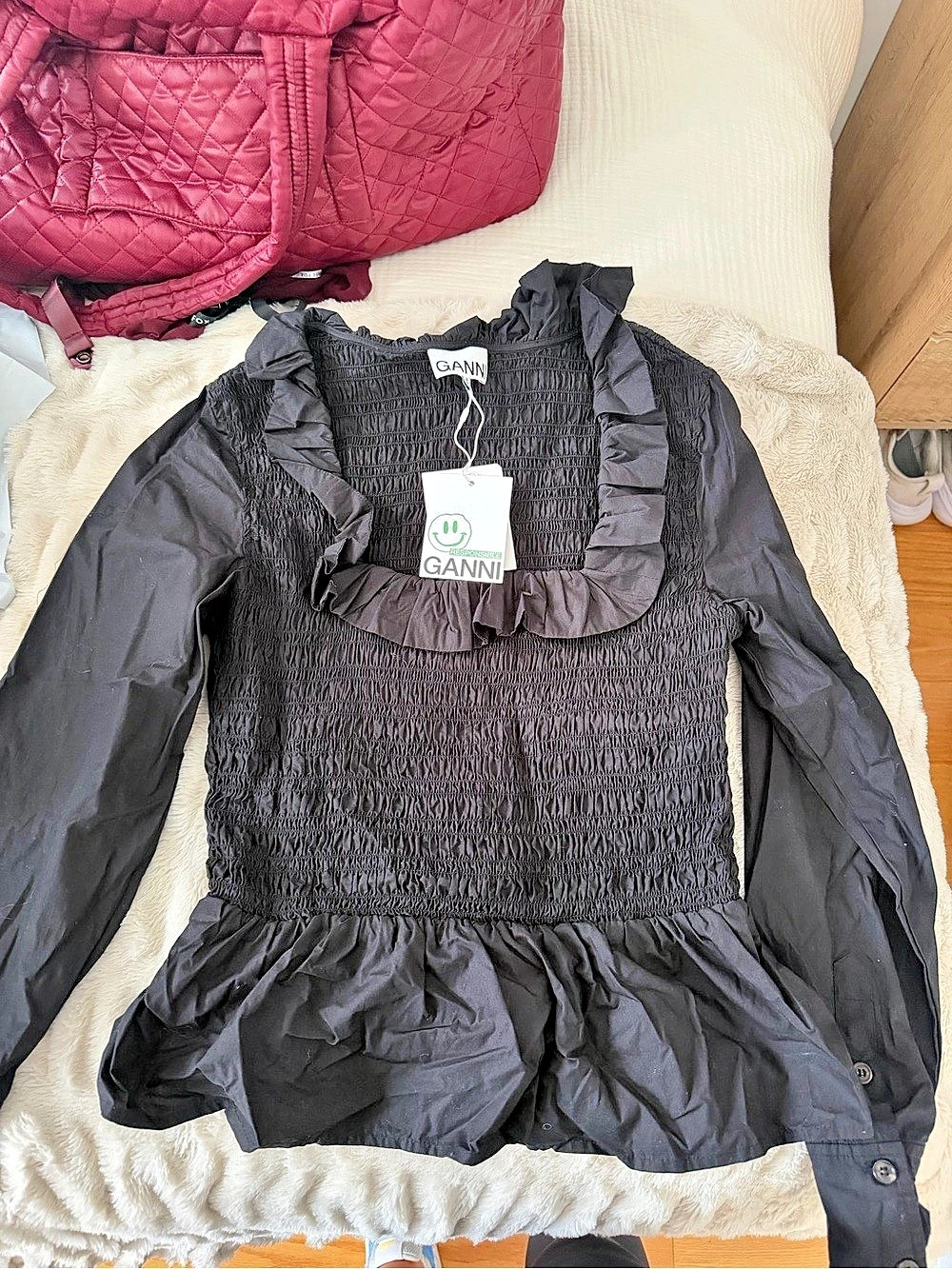 GANNI Poplin Smocked Blouse Black Ruffle Peplum